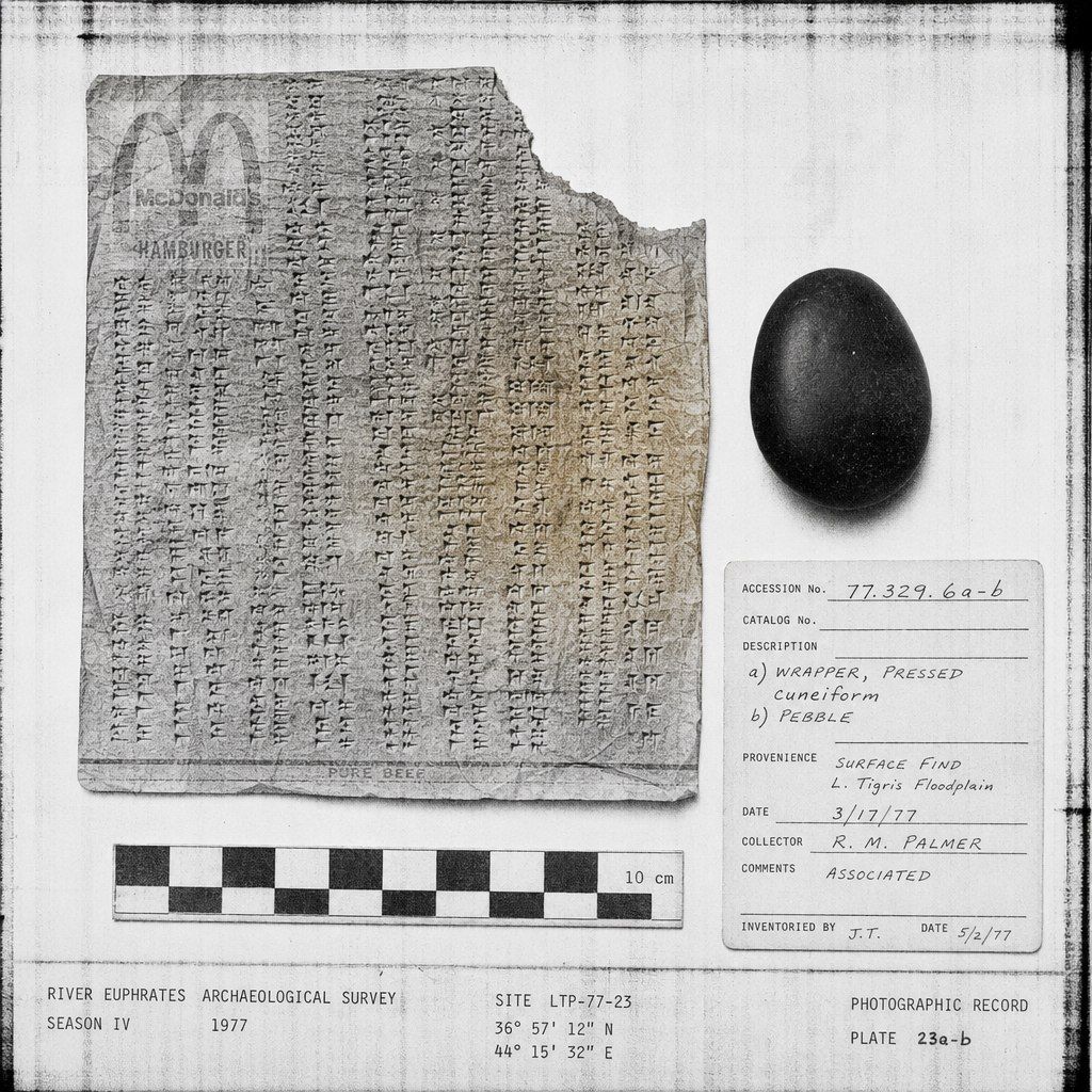 An archaeological record card: a pressed fast-food burger wrapper covered edge-to-edge in cuneiform, catalogued beside a black egg-shaped pebble. The label reads River Euphrates Archaeological Survey, surface find, Tigris floodplain, 1977.