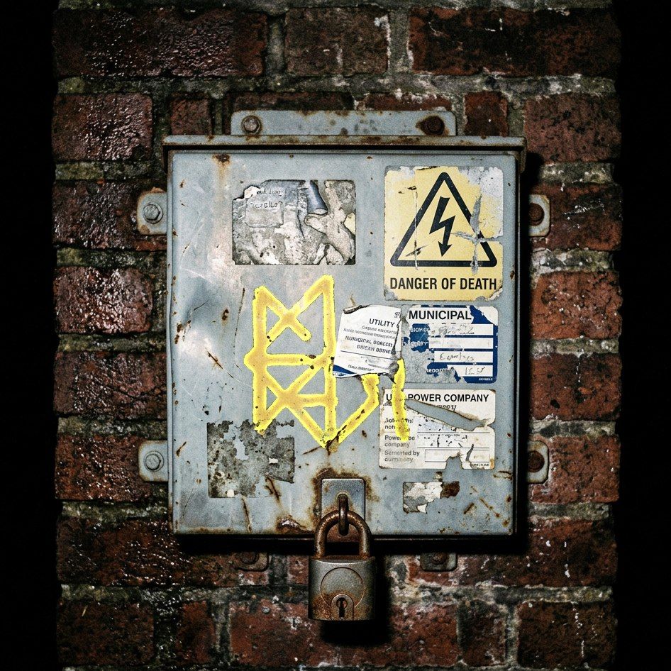 A padlocked grey utility box on a brick wall, DANGER OF DEATH sticker peeling, a yellow cat-face tag sprayed across the door.