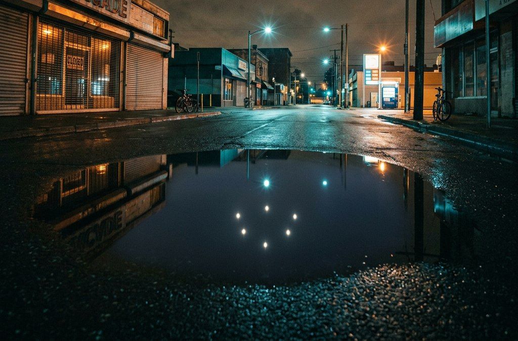 An empty shopping street at night; a wide puddle reflects a row of pale lights that do not correspond to anything above it.