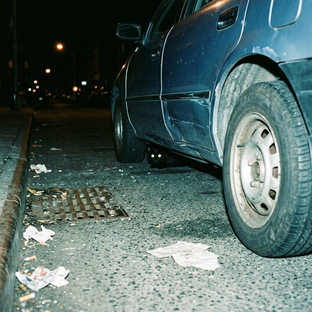 Flash photograph of the kerb behind a parked car's rear wheel: torn paper scraps around a drain grate, the gutter wet, nothing where something just was.