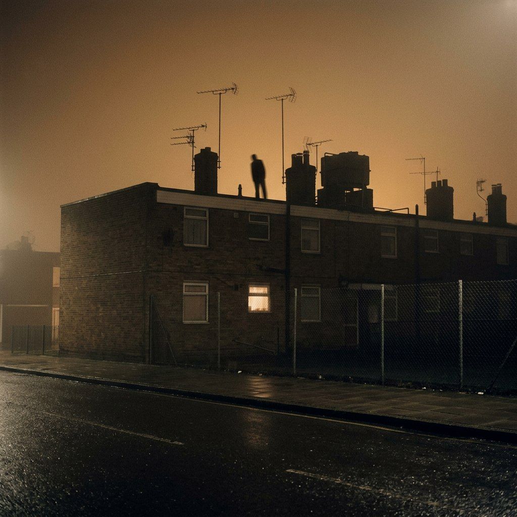 Sodium-lit fog over a terrace of houses; a figure stands on the rooftop between the television aerials, facing away.