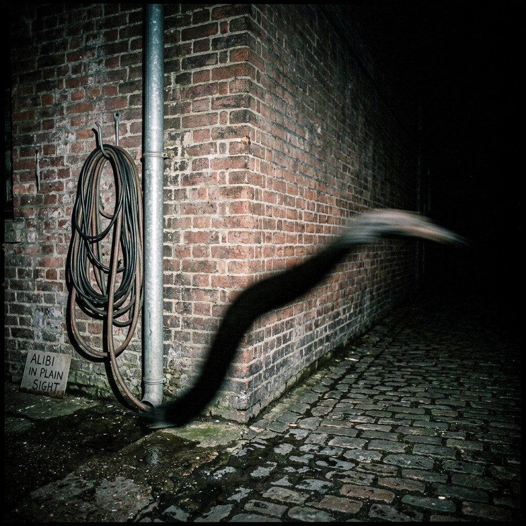 A coiled garden hose hangs on a brick wall beside a downpipe; its loose end whips away into the dark like a tail leaving the frame. A small sign beneath reads ALIBI IN PLAIN SIGHT.