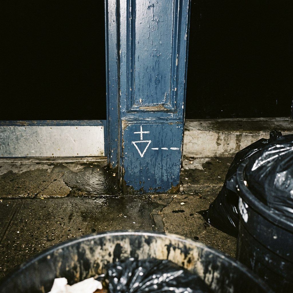 The base of a blue door-post chalked with a small mark — a cross over a struck-through triangle — beside an overflowing bin.