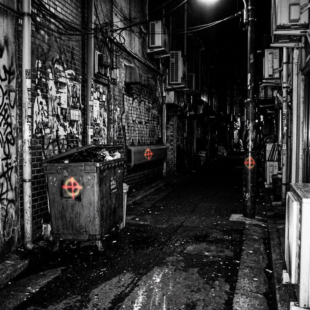 Black-and-white alley of layered posters and fire escapes; two rubbish bins marked with spray-painted orange crosshair circles.