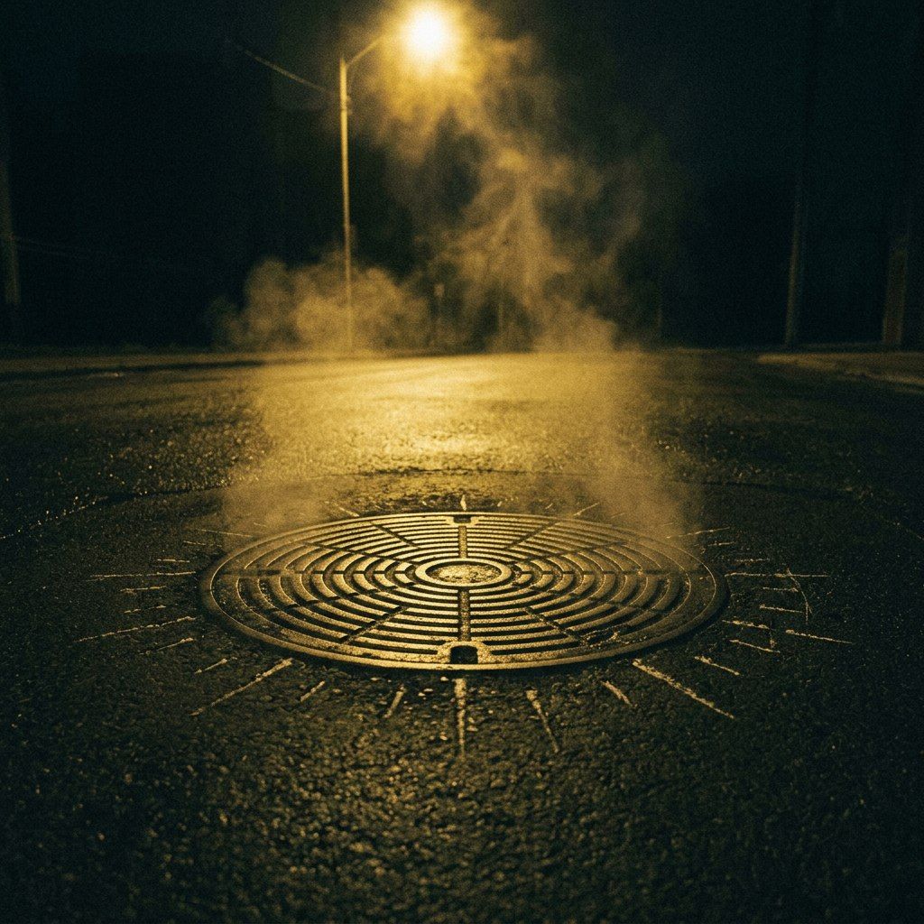 A manhole cover at night ringed with hand-chalked rays like a child's sun, steam rising from it under a yellow streetlight.
