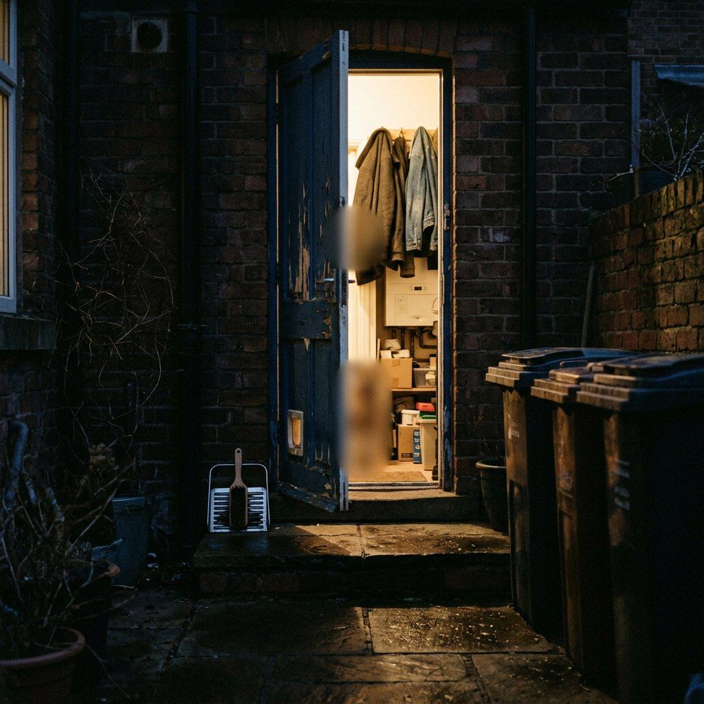 A back door standing open at night onto a lit hallway of hanging coats; the lower half of the doorway is smeared with motion blur.