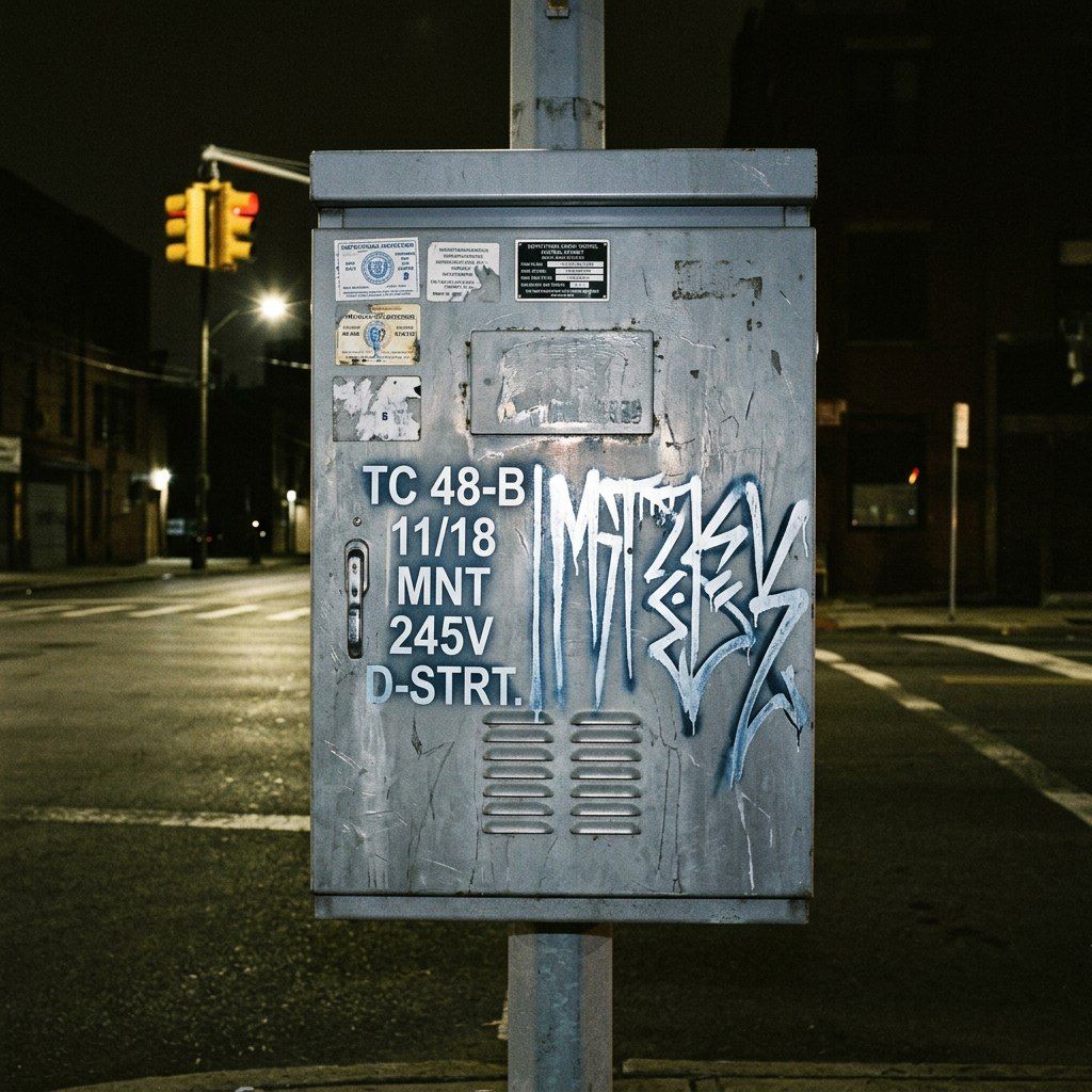 A roadside utility cabinet stencilled TC 48-B 11/18 MNT 245V D-STRT under a silver graffiti burner, traffic lights green in the distance.