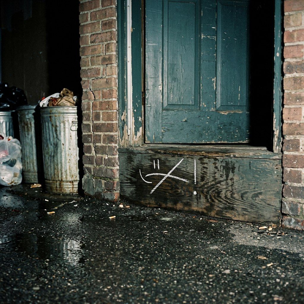 The bottom corner of a battered teal door, scratched with a small doubled X; torn rubbish bags slump against the wall.