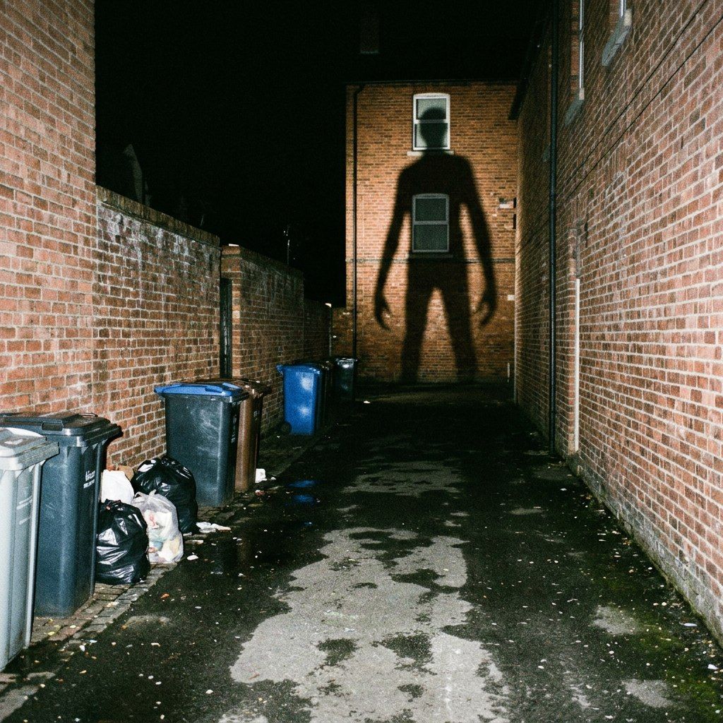 A brick alley at night; a huge square-shouldered shadow figure fills the end wall, cast by no one.