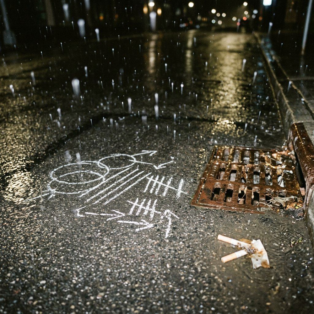 Rain hitting a pavement drain; beside it a chalk diagram of circles, arrows and tally strokes, half washed out, two cigarette butts on top.