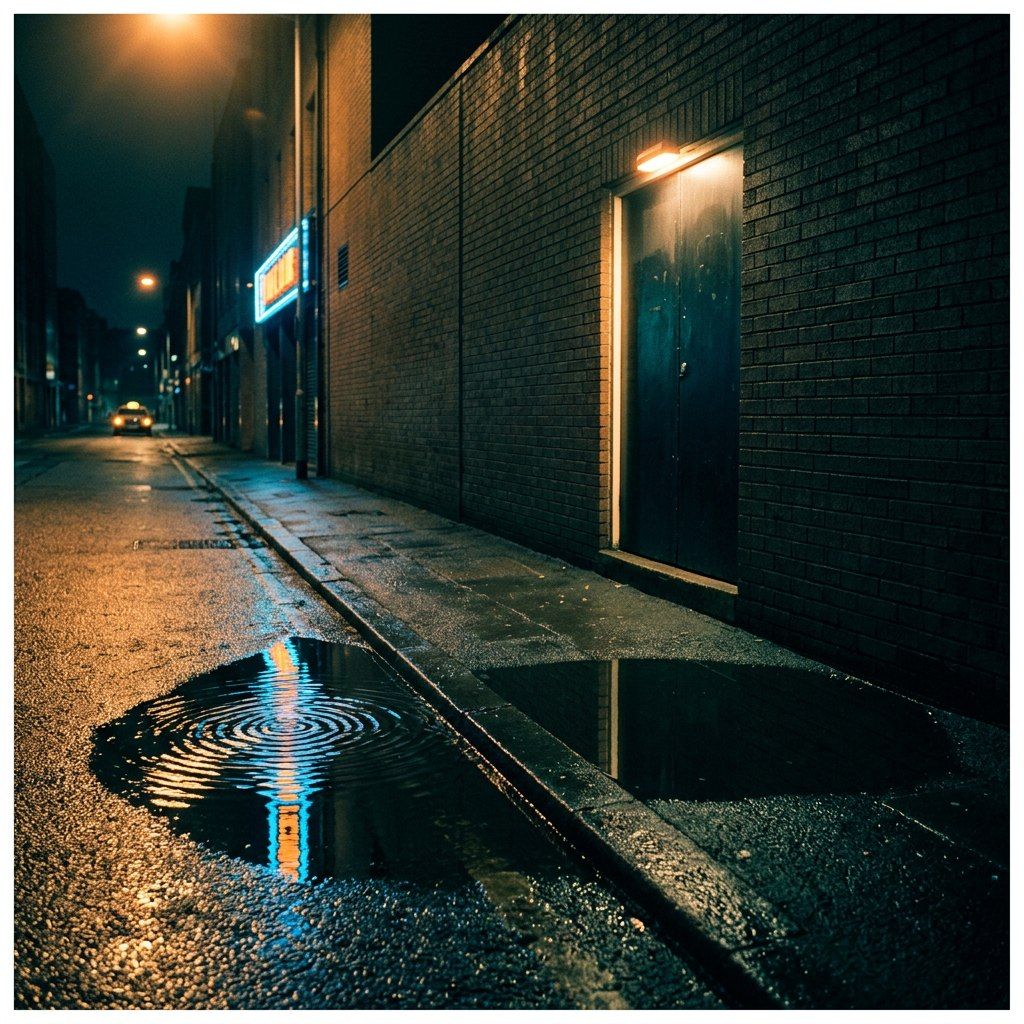 A white-bordered print: a night alley with a neon sign, and in the foreground a puddle rippling in perfect rings with nothing touching it.