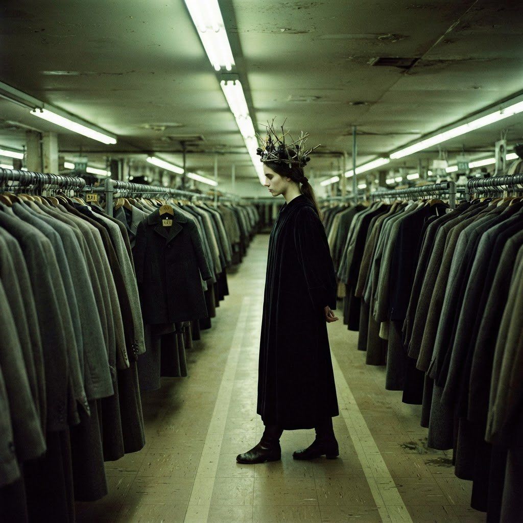 Green fluorescent light over an endless warehouse of hanging coats. A small crowned figure in black stands alone in the aisle between the racks.