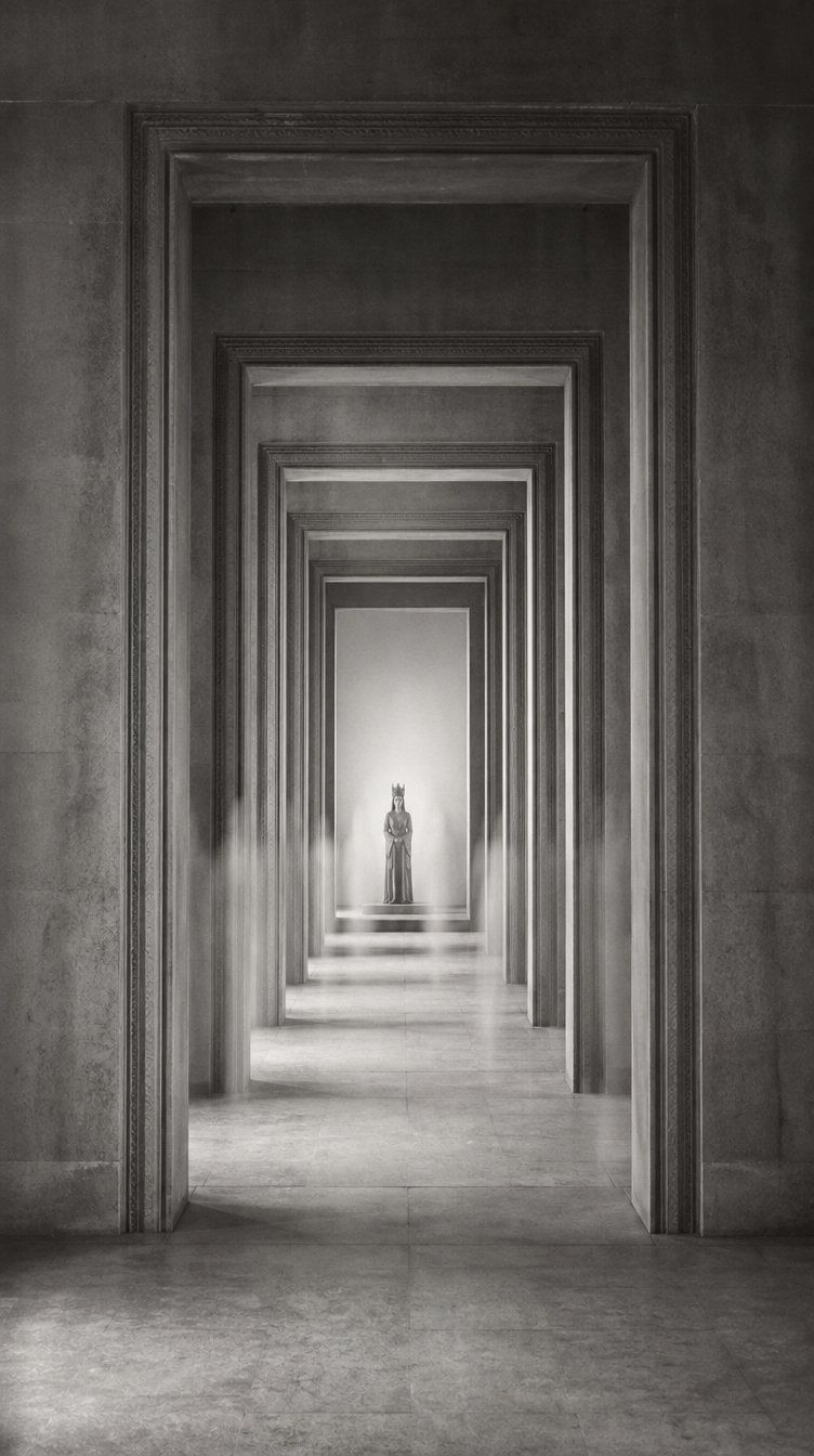 An endless receding corridor of identical doorways; a tiny figure stands at the far, bright end.