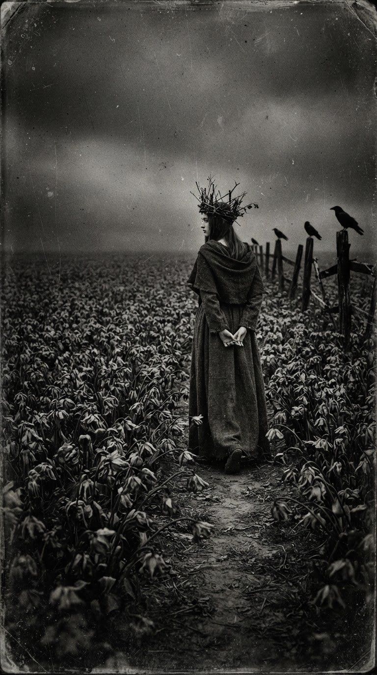 A crowned figure in dark robes stands in a field of low crops studded with small crosses, crows perched among them, under a heavy sky — surveying the dead's ground.