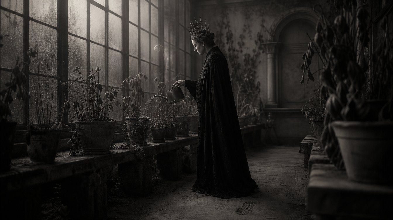 A dim conservatory of dead and dying potted plants under tall windows. A crowned figure in black stands among them, tending nothing.