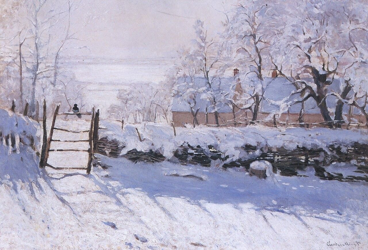 A print of Monet's The Magpie — a lone magpie perched on a wicker gate in deep snow, low winter sun casting long blue shadows.