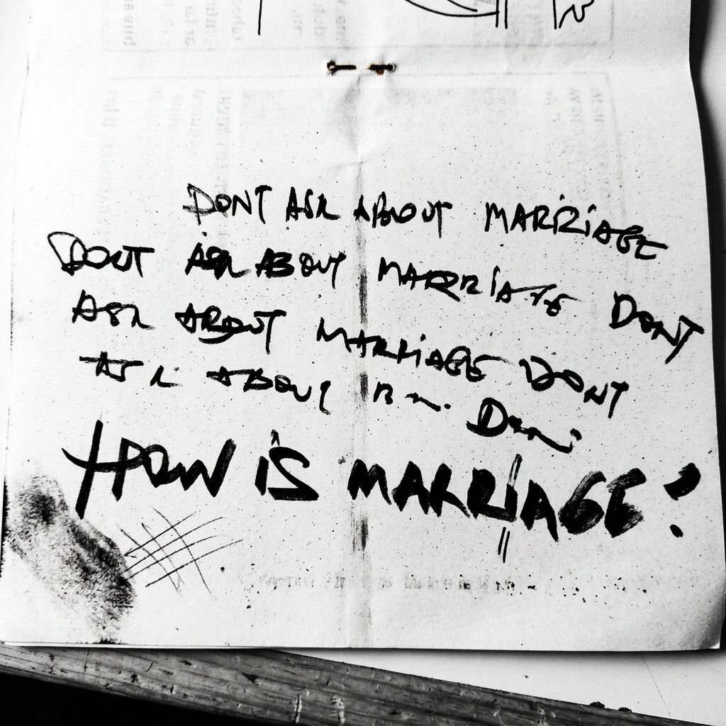 A creased, spiral-torn sheet covered in one line written over and over in frantic black marker and crossed out — DON'T ASK ABOUT MARRIAGE, DON'T ASK ABOUT MARRIAGE, DON'T ASK ABOUT MARRIAGE, DON'T — and beneath it, large: HOW IS MARRIAGE?