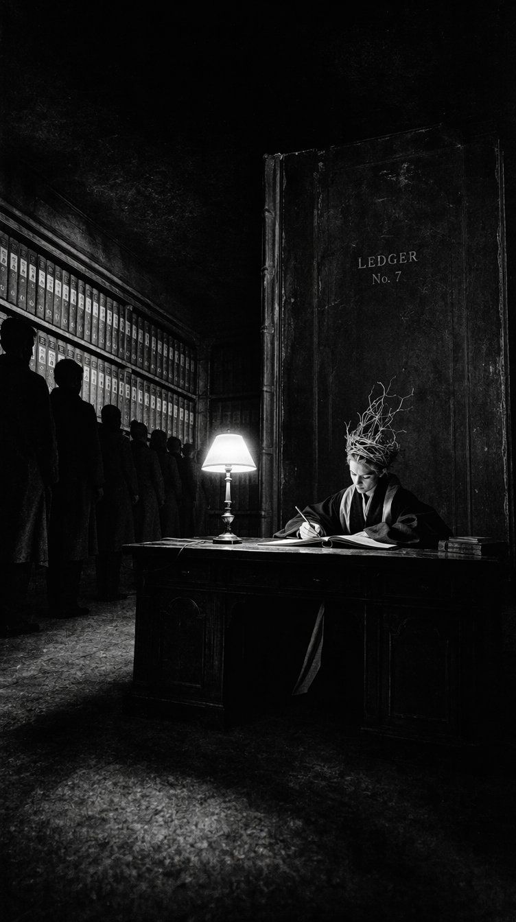 A dark hall. A crowned figure sits at a lamplit desk with a heavy ledger marked No. 7 behind them, while a queue of faceless figures waits in the shadows to be seen.