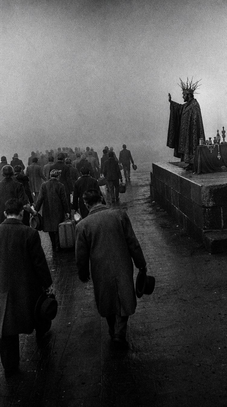 Black-and-white, heavy fog. A crowned figure in dark robes stands on a low plinth above a crowd of coated figures carrying suitcases, all filing past below — an arrival into the land of the dead.
