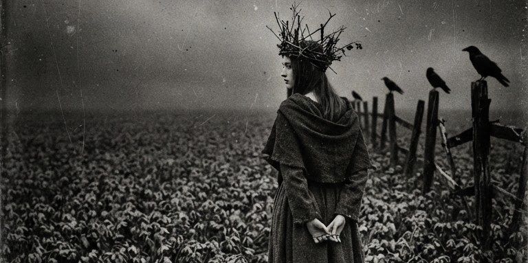 Black-and-white photograph. A robed figure in a spiked crown stands in a field of pale flowers at dusk, crows perched on a fence behind, a butterfly at the hem.