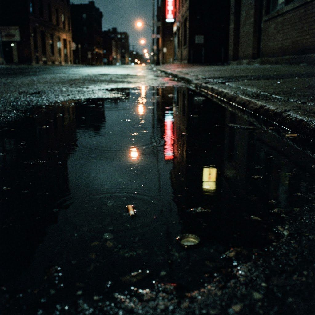 A wet street at first light, red neon and traffic lights doubled in the long puddles, nobody out.
