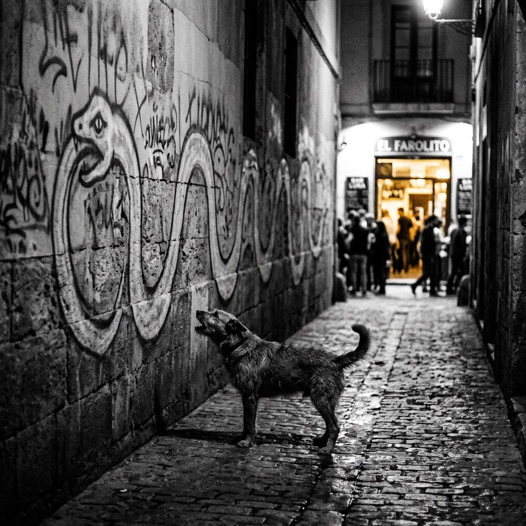 Black-and-white cobbled lane: a dog stands barking up at an enormous snake-shaped tag winding along the wall toward the light of a bar.