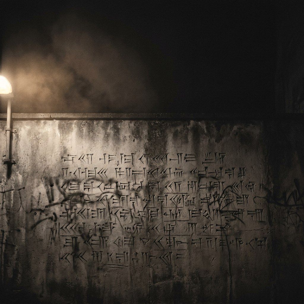 A concrete wall under steam and lamplight, covered edge to edge in dense cuneiform strokes, old and deliberate.