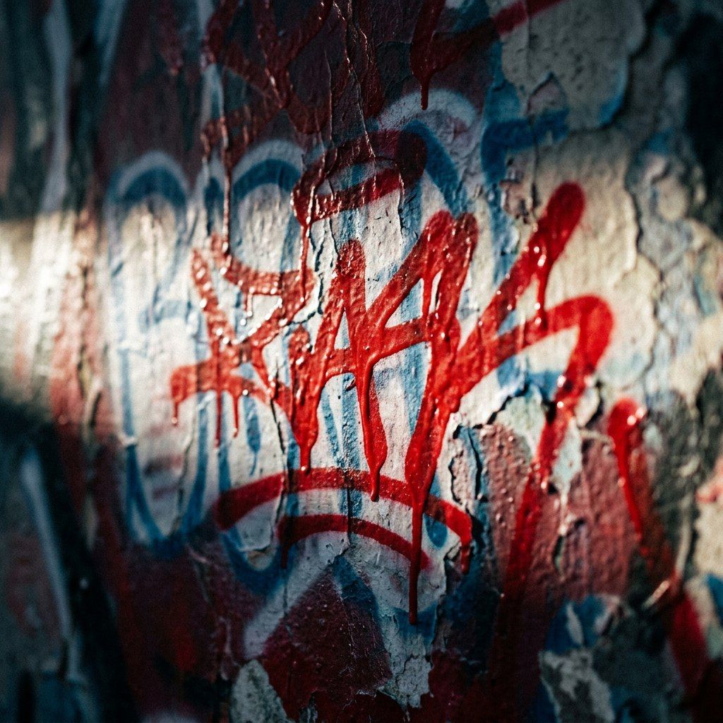 Extreme close-up of a tagged wall: red and blue paint layered over cracked older coats, thick as skin.