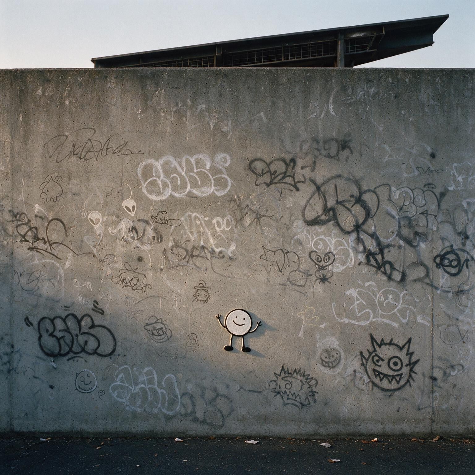 A grey concrete wall of small silver doodle-tags; one tiny round-headed figure stands out in raised relief, arms up, casting a real shadow — half out of the wall.
