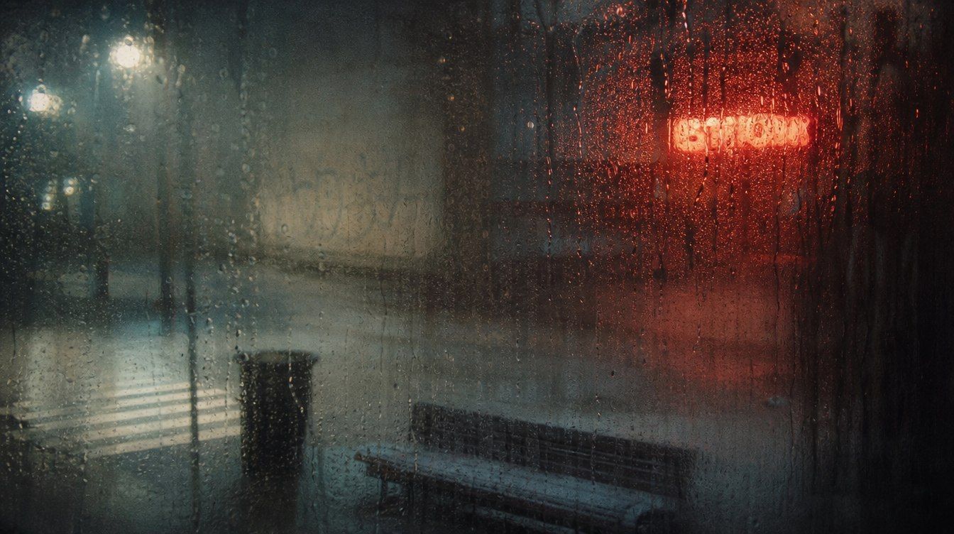 Through a rain-beaded window at night: a red neon sign and a wet empty square, everything soft and running.