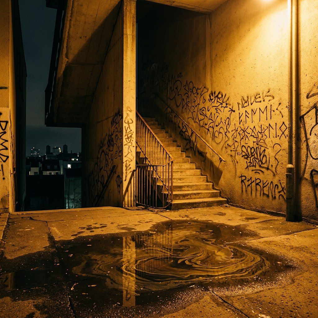 A sodium-lit outdoor stairwell covered in tags, an oily puddle at its base spiralling with colour.