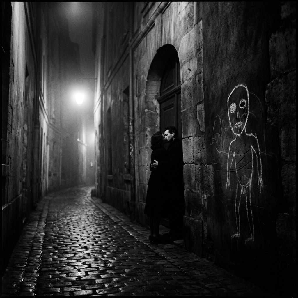 Black-and-white cobbled alley at night: a couple kisses in a doorway, and on the wall beside them a chalk figure stands watching.