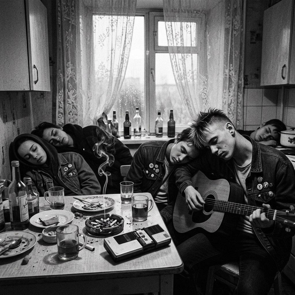 A kitchen at grey dawn: the band asleep sitting up around a bottle-crowded table, one still holding an acoustic guitar, the recorder lying among the ashtrays.