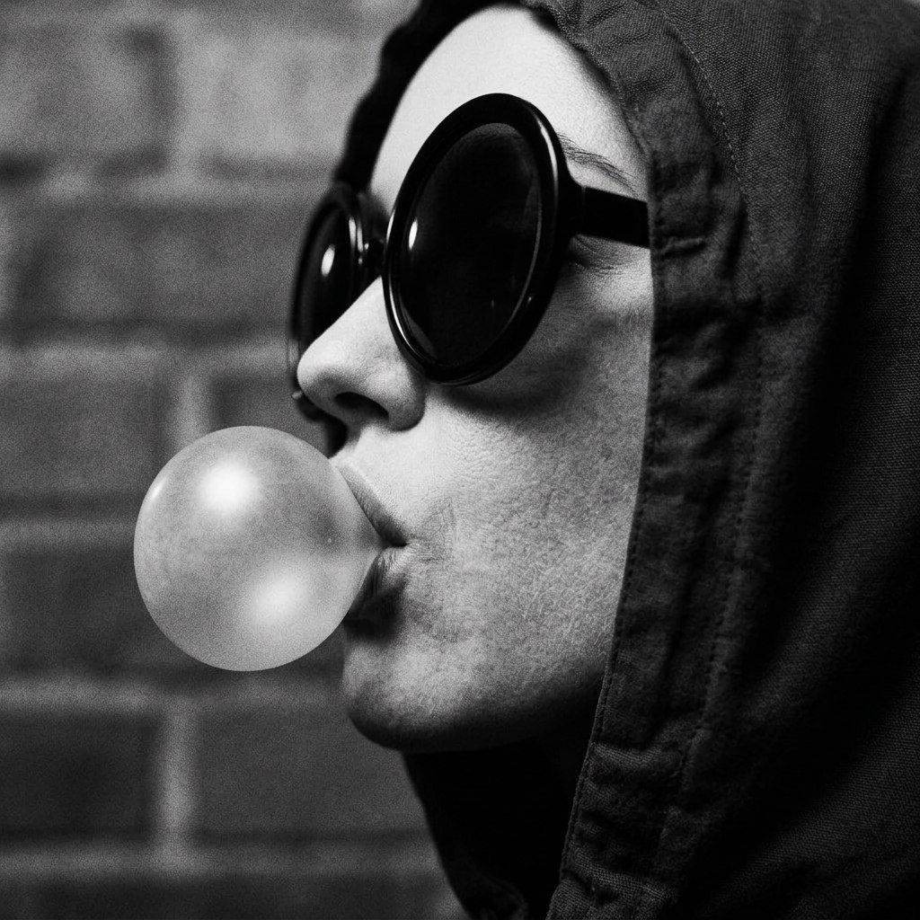 Close profile of the hooded girl blowing a large bubble-gum bubble, round sunglasses black against the brick.