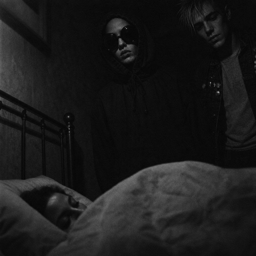 The same bedside once more — both performers looking directly into the camera. The sleeper sleeps on.