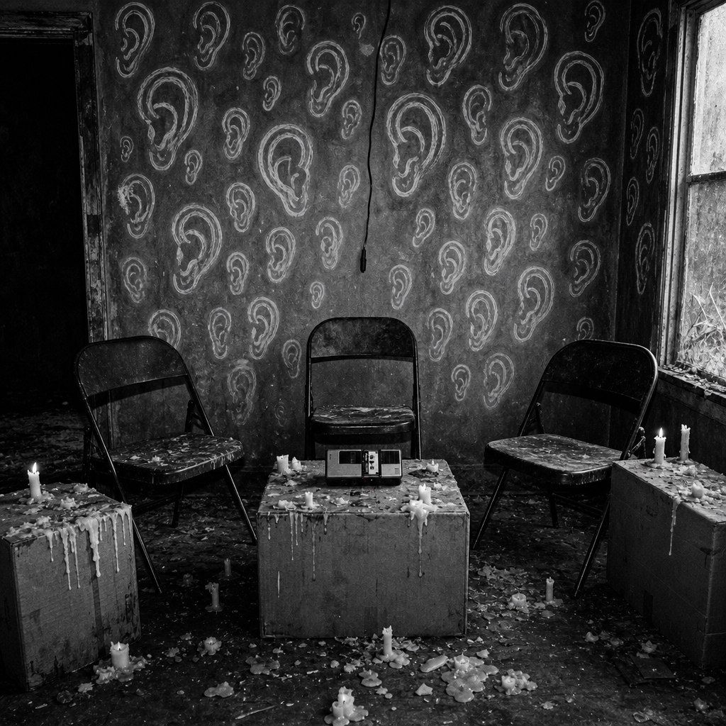 A derelict rehearsal room, folding chairs around a cardboard box with a recorder on it, wax-dripped candles everywhere — and the walls painted floor to ceiling with a wallpaper pattern of human ears.
