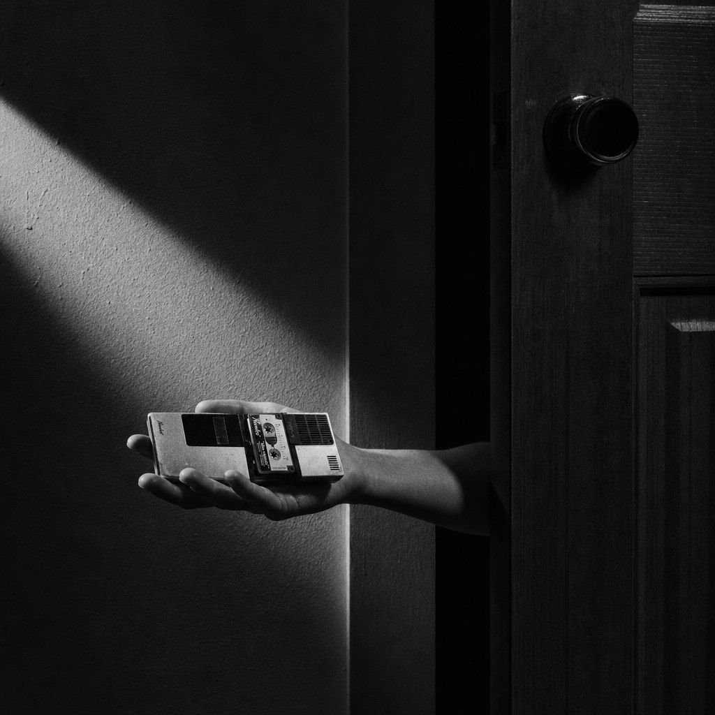 A bare arm reaching through a door opened a crack, holding out the dictaphone like an offering — or a summons.