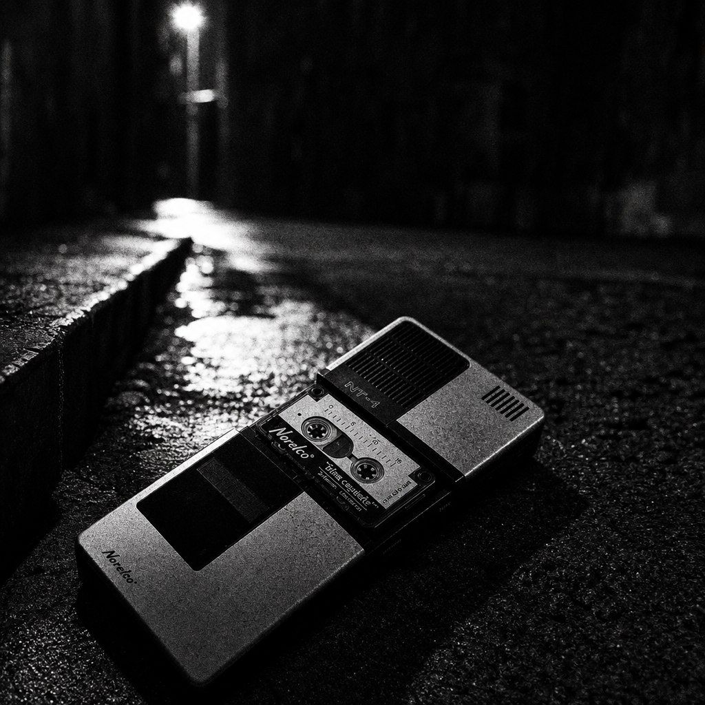 The silver dictaphone lying in a wet cobbled lane at night, a long streetlight streak leading away from it.