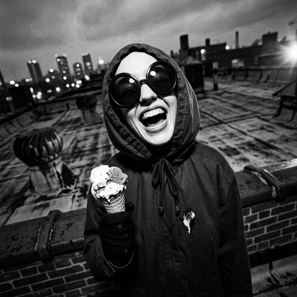 The hooded girl laughing on a rooftop with an ice-cream cone, city chimneys behind her — delighted, gone in a second.