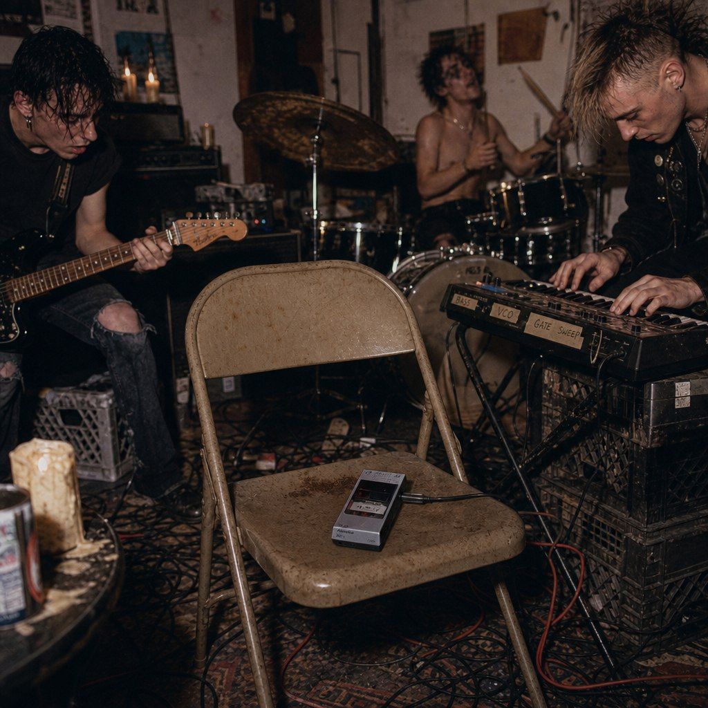 The band mid-jam in the squat room — guitar, drums, keys, sweat — the little recorder listening from its own folding chair.