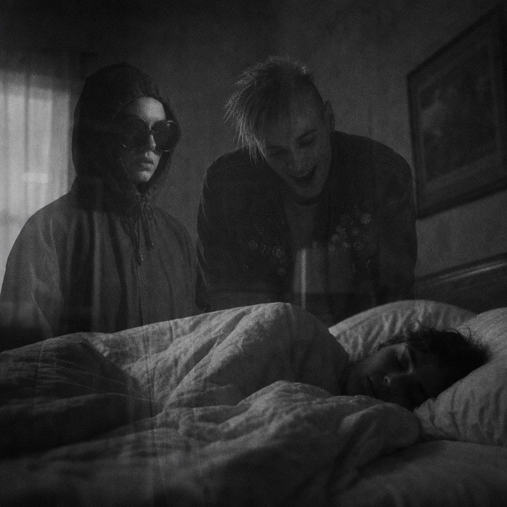 The same bedside — the pin-jacketed one laughing silently, the hooded girl unmoved, the sleeper undisturbed.