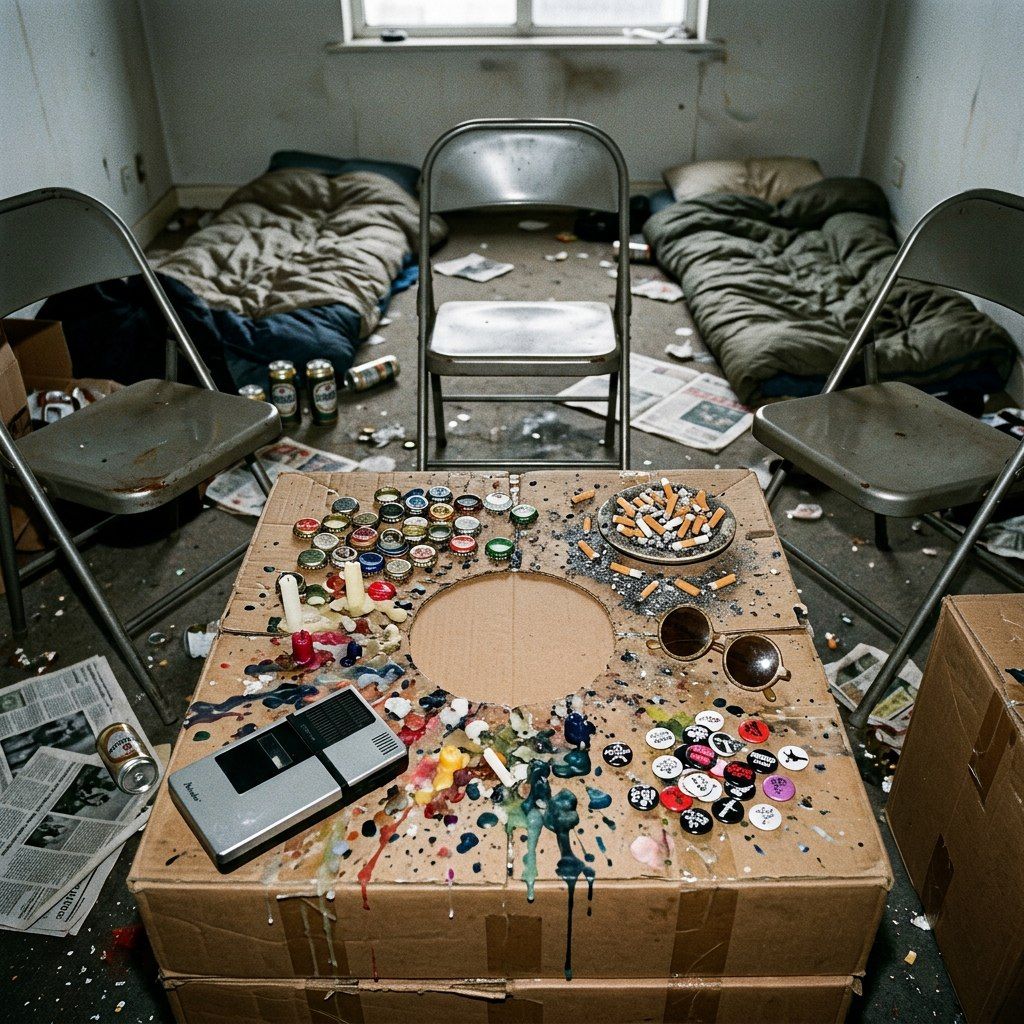 The squat room the morning after: bedrolls and folding chairs, and on the cardboard box a careful circle of bottle caps arranged around the recorder.