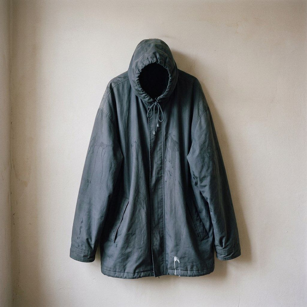 An oversized grey parka hanging on a wall hook, hood still holding its shape, the dark inside it not entirely empty.