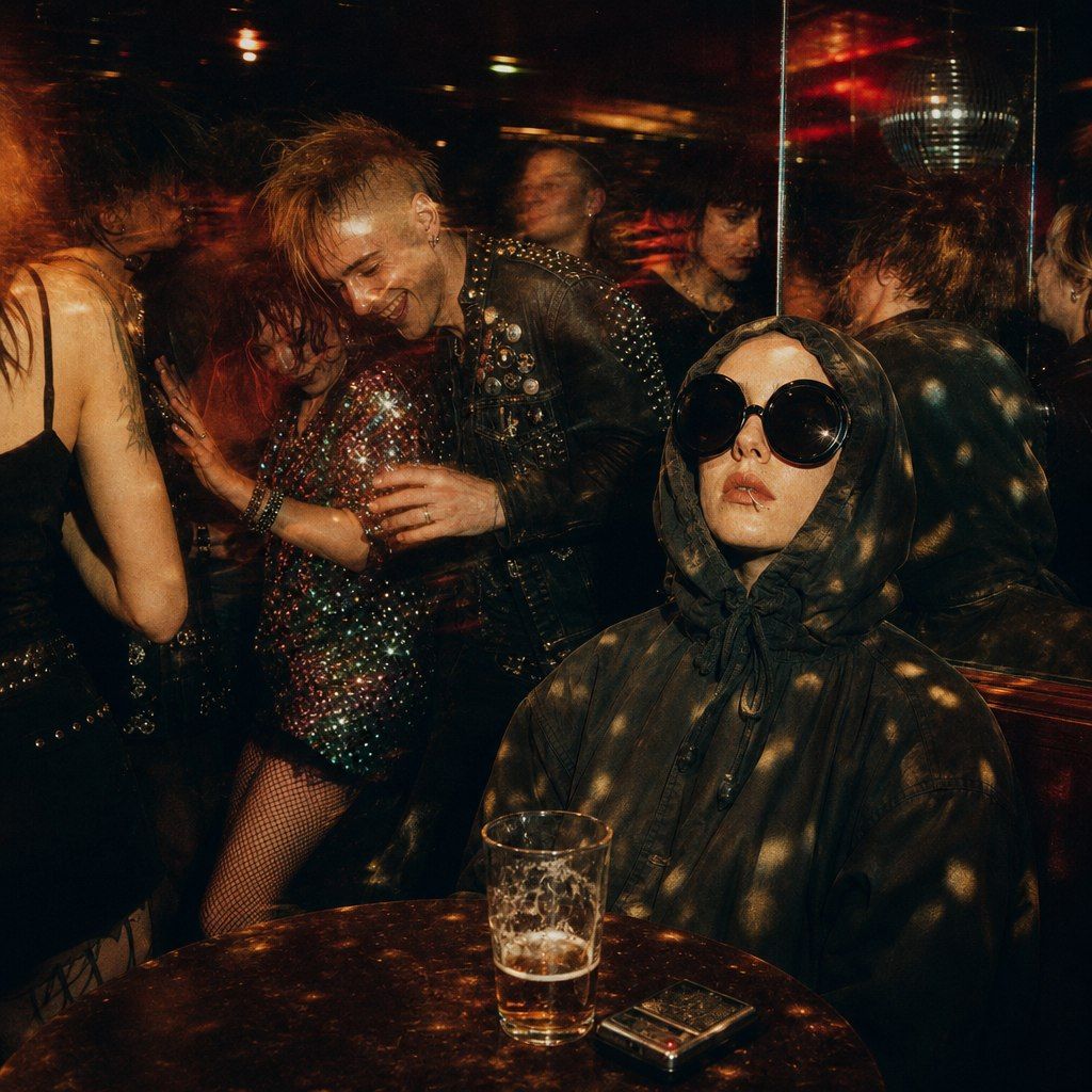 Flash photo at a party: the hooded girl deadpan at a table in her sunglasses while sequins and dancing blur around her.