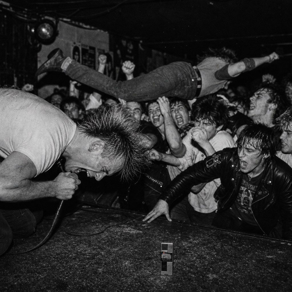 Black-and-white hardcore gig: a shirtless singer screaming into the mic while a body sails over the crowd — the loud life before the whisper.