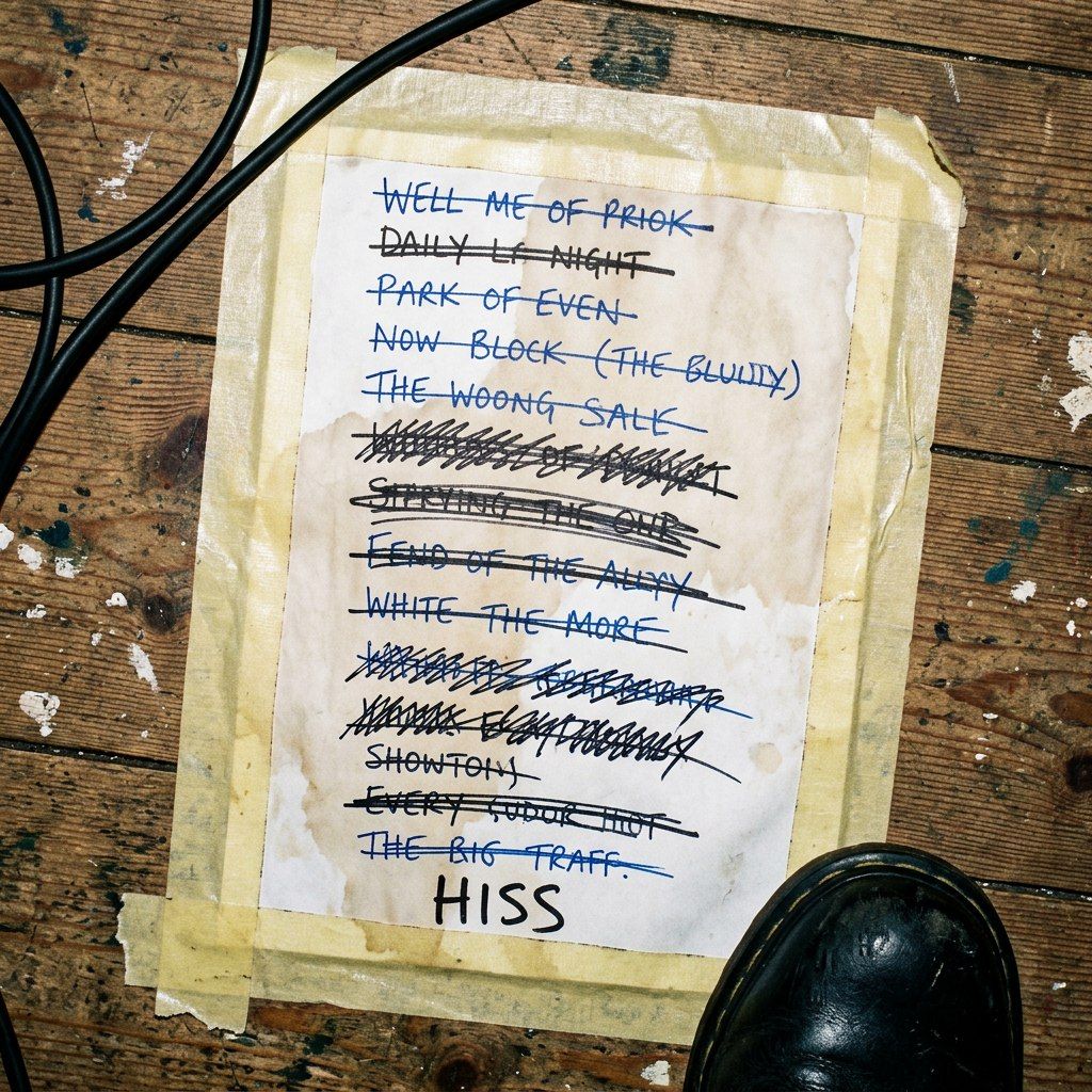 A taped-down handwritten tracklist, every title struck through line after line; at the bottom, the only word left: HISS.